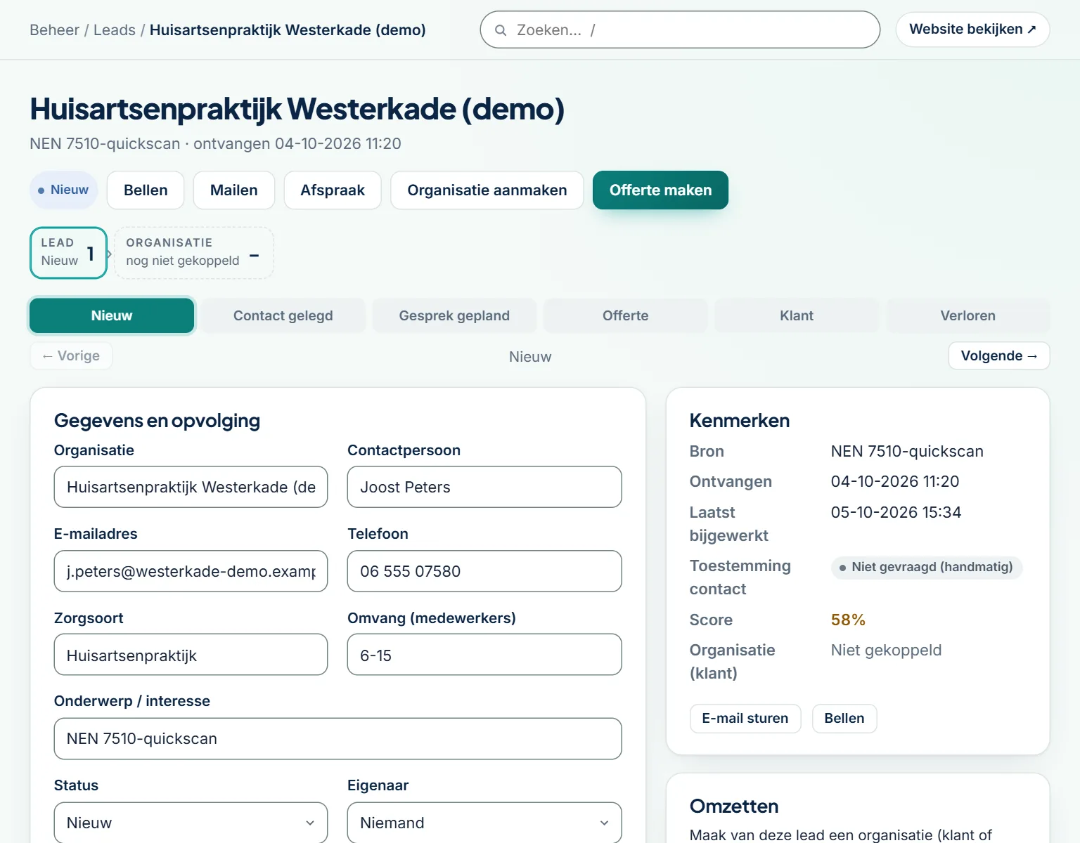 Beheeromgeving: een aanvraag uit de NEN 7510-quickscan met status, score en de knoppen bellen, mailen, afspraak en offerte maken