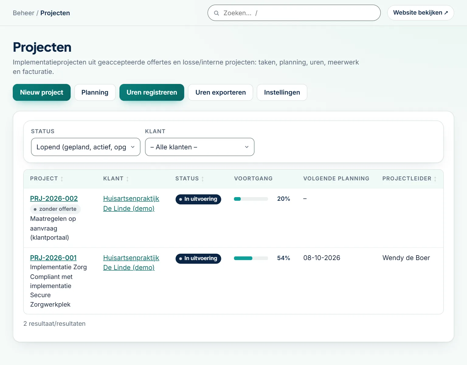 Beheeromgeving: de projectlijst met status en voortgang van de technische implementatie