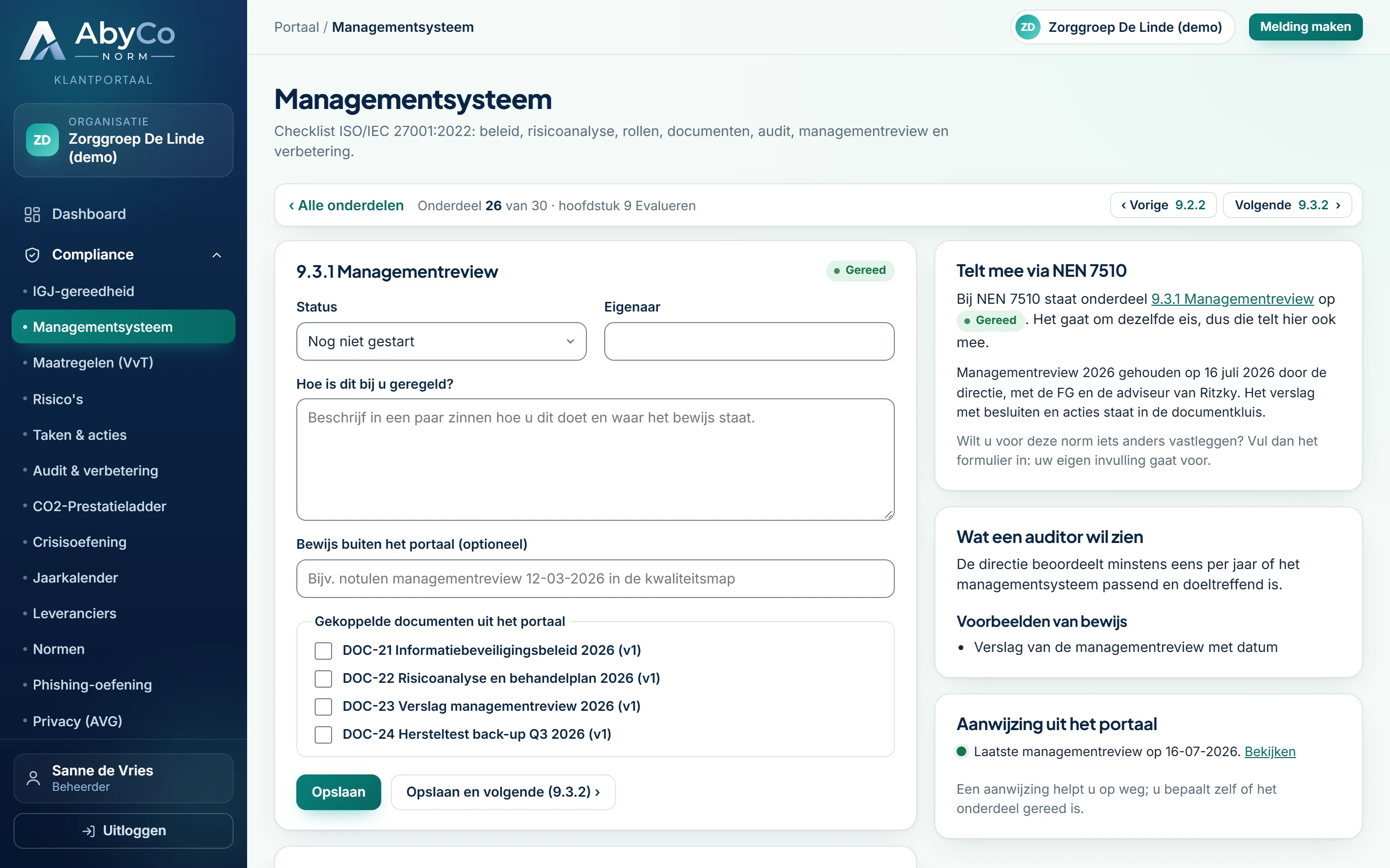 Klantportaal: de ISO 27001-checklist met onderdelen die via NEN 7510 al gereed staan (fictieve gegevens)