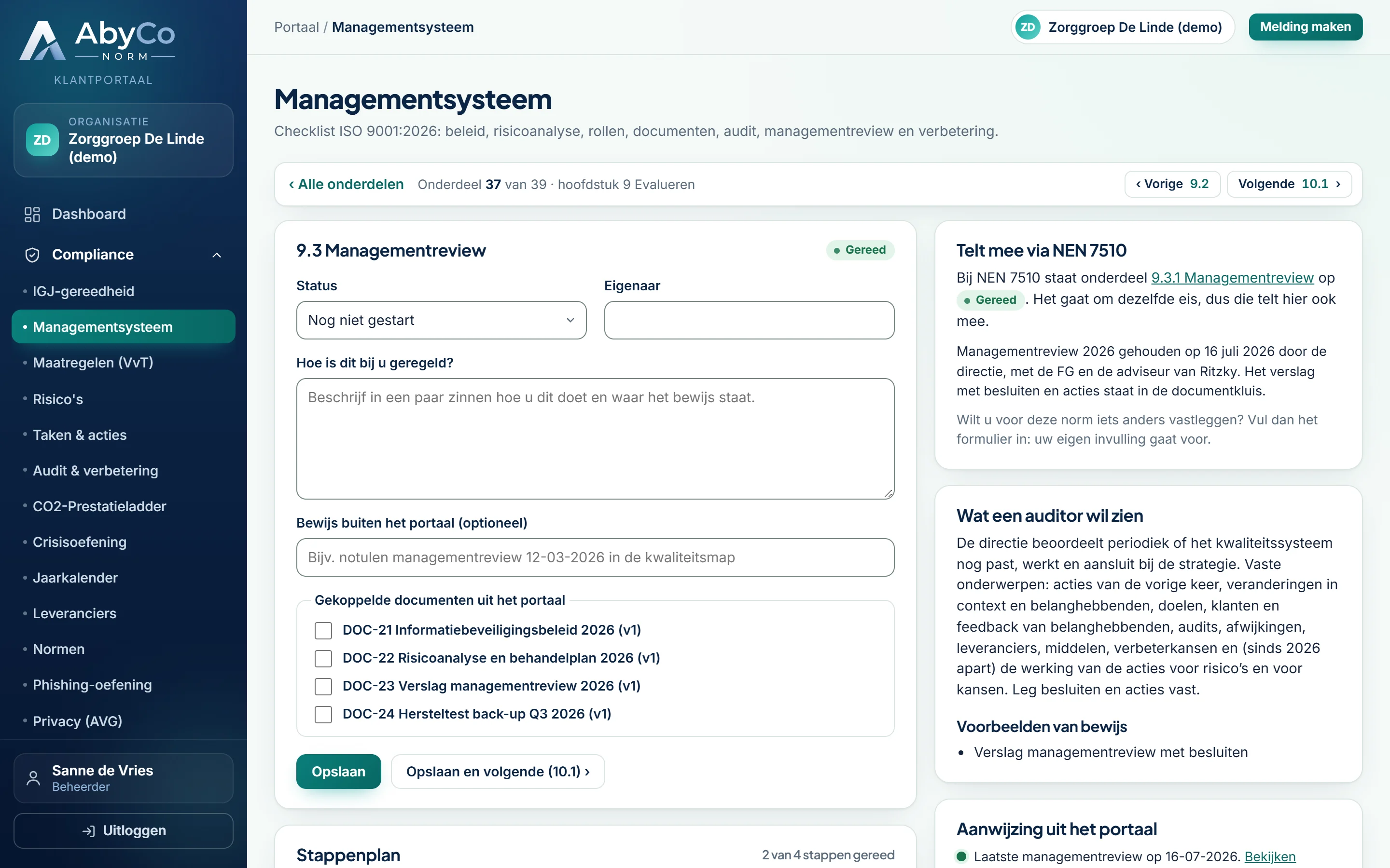 Klantportaal: de ISO 9001-checklist met de managementreview op gereed via NEN 7510 (fictieve gegevens)